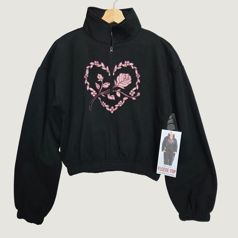 Celebrity Pink Half Zip Fleece Top Womens Small Black NWT Rose Heart Graphic